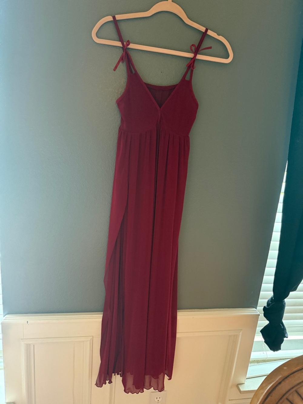 Women's Burgundy Maxi Dress Lingerie with thin straps.